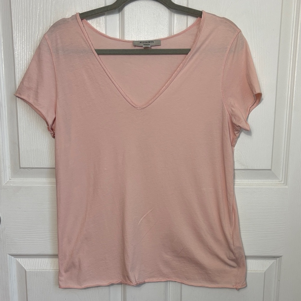 ALLSAINTS Emelyn Tonic Tee Pink distressed Vneck short sleeve sz Medium Cotton